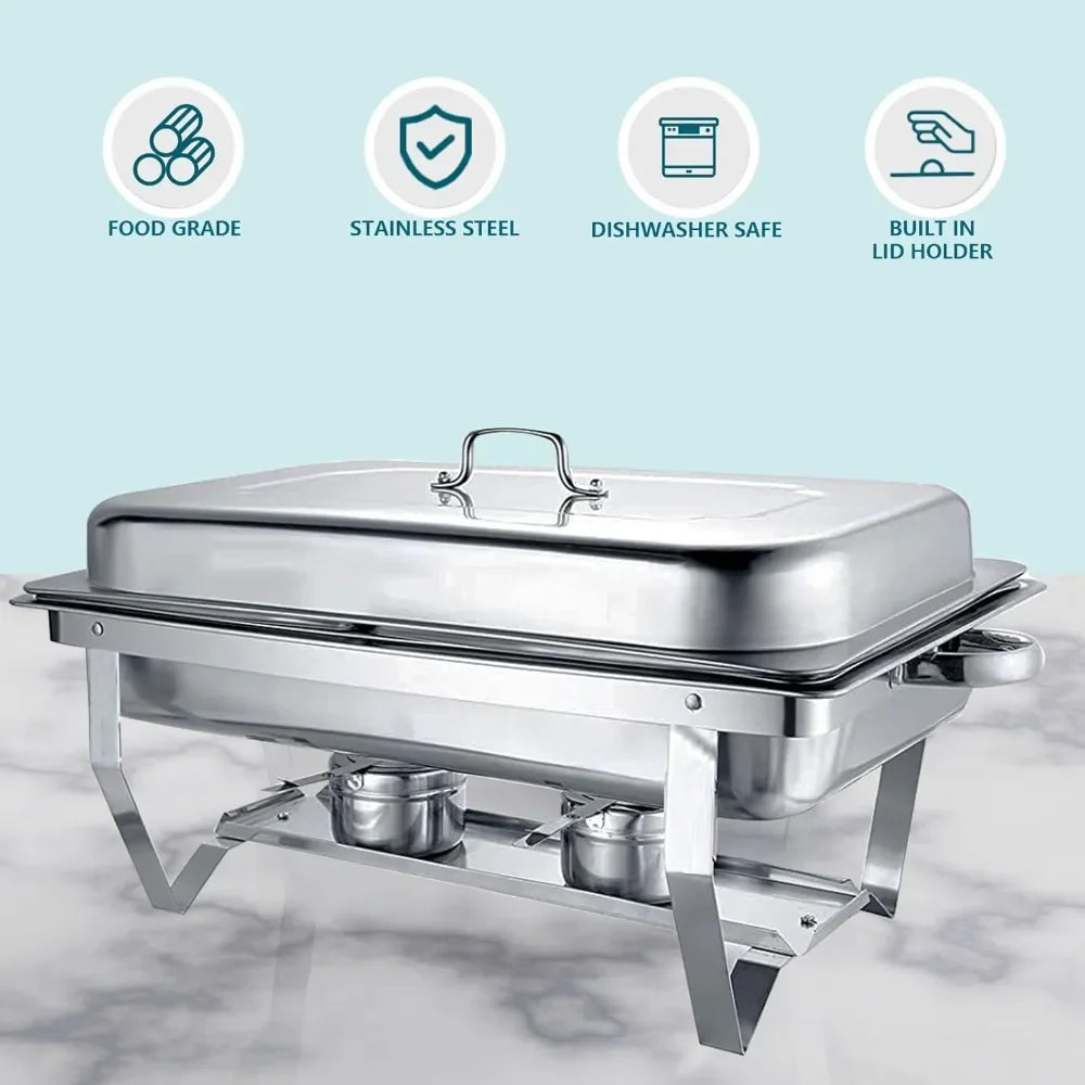 8QT Chafing Dish Buffet Set – 4-Pack Stainless Steel Servers with Covers, Warmers, and Folding Stands.