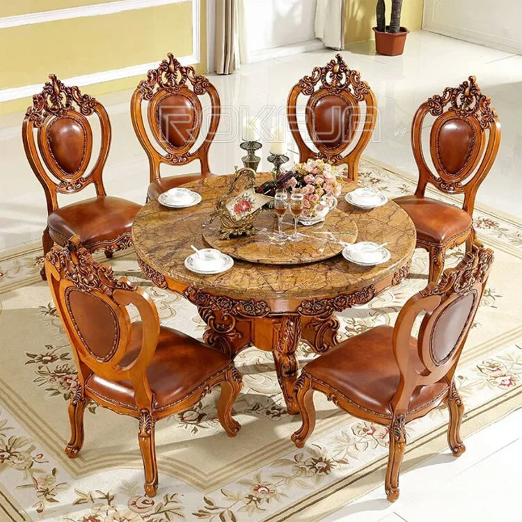 Antique Wooden Hand-Carved Royal Round Dining Table Set