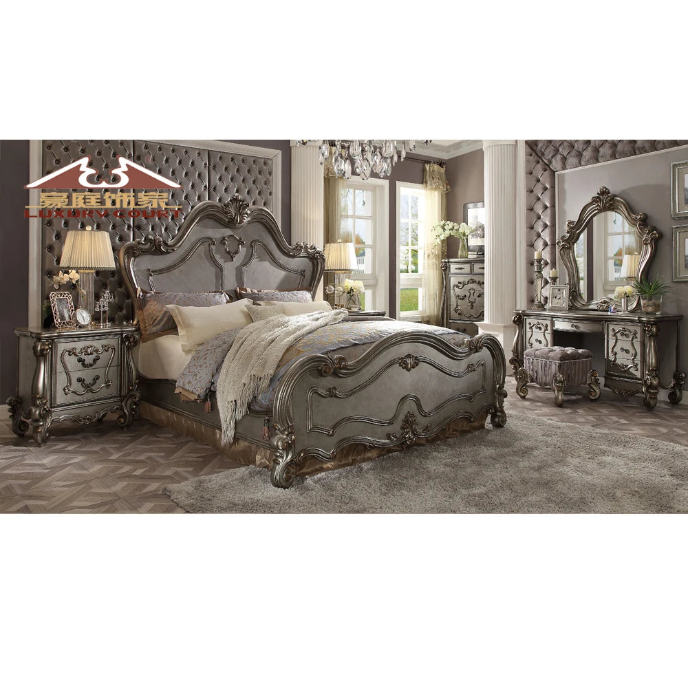 Royal Style Wooden Kind Size Bed With Stool Bedroom Furniture Set
