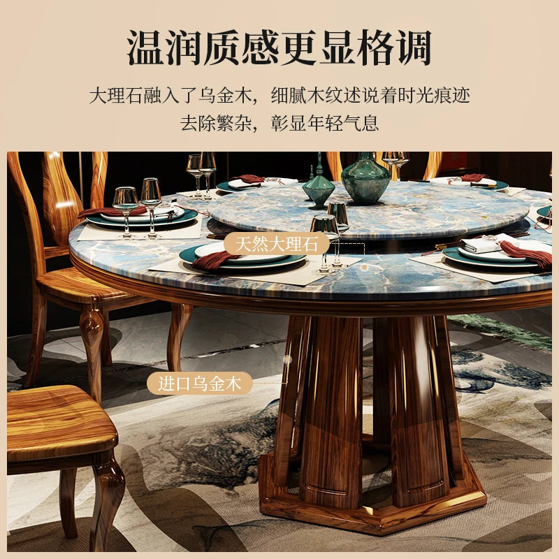 High-Quality Chinese Ebony Marble Dining Table – Solid Wood 8-Person Round Set with Chairs