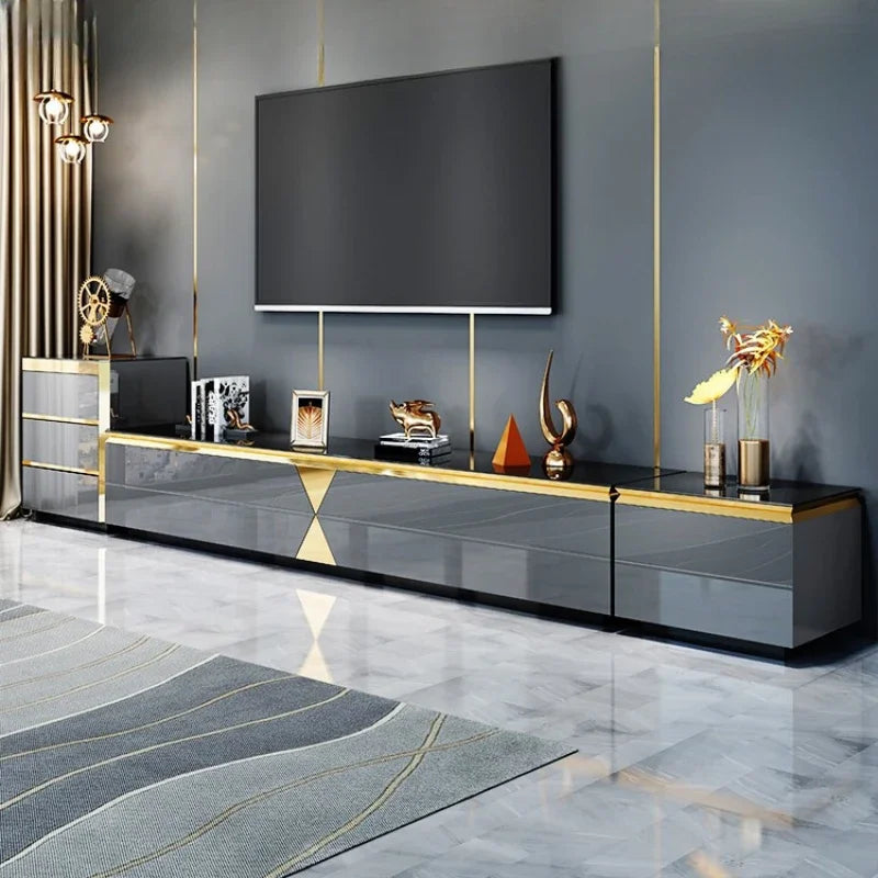 Luxury Modern Wooden TV Cabinet – Black and Gold Floor Unit with Drawers for Living Room.