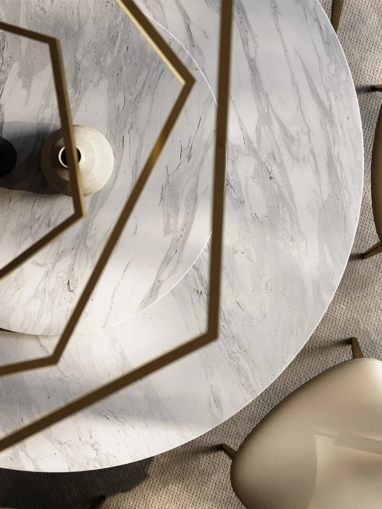 Light Luxury Natural Marble Dining Tables and Chairs Set Villa Rotating round Dining Table with Turntable