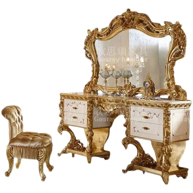 European style solid wood luxury carved bedroom dressing table Makeup table French court gold foil hand-painted makeup table