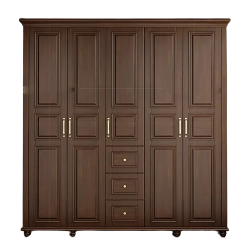 American Retro Large Wood Wardrobe – Black Walnut, 4 Doors, Open Closet