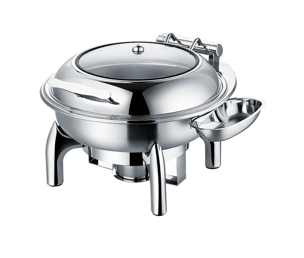 Electric Luxury Roll Top Round Food warmers Buffet Set Gold Chafing Dish with Glass Lid