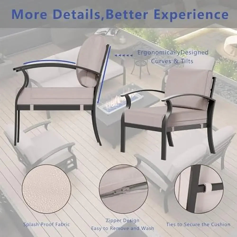7-Seater Aluminum Patio Furniture Set with Fire Pit Table and Swivel Chairs, featuring Modern Design and Thick Cushions