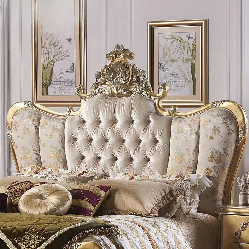 European Golden Solid Wood Hand-Carved Canopy Bed - King Size Luxury Bedroom Furniture.