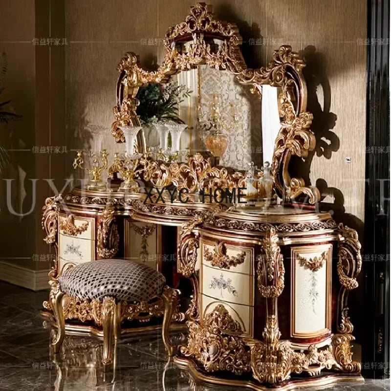 European style solid wood carving vanity French court golden makeup table villa vanity mirror table furniture