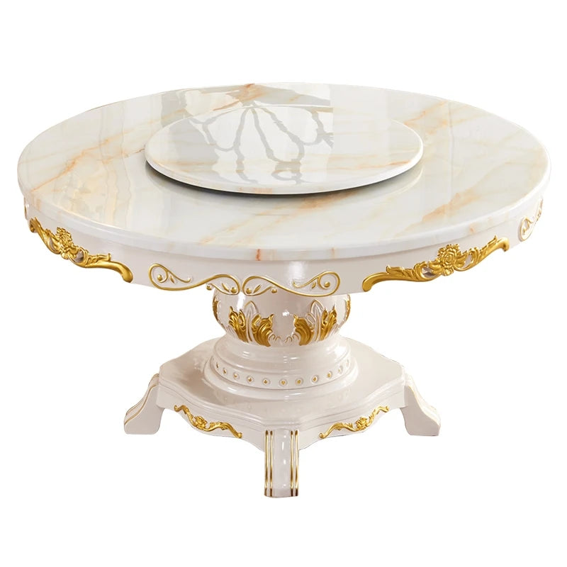 ropean-Style Dining Table: All Solid Wood with Marble and Turntable for Household Use
