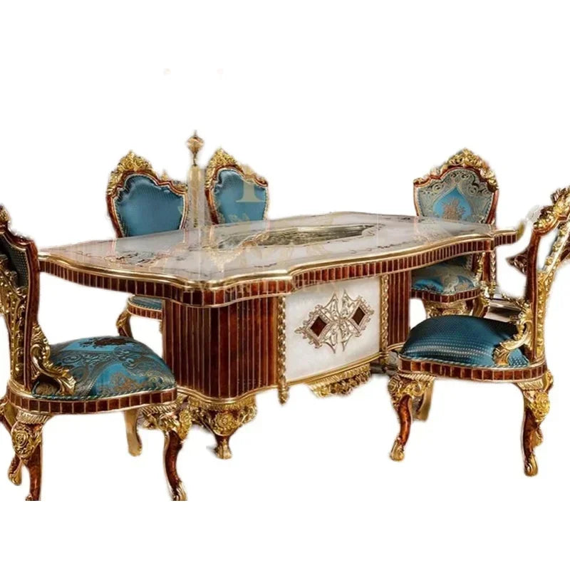 Custom European solid wood long dining tables and chairs luxury gold foil carved French court Baroque Restaurant