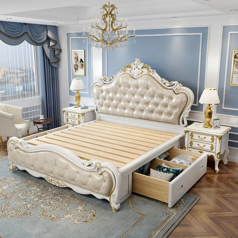 European King Size Double Bed with Luxury Side Tables - Modern White Storage Bedroom Furniture.