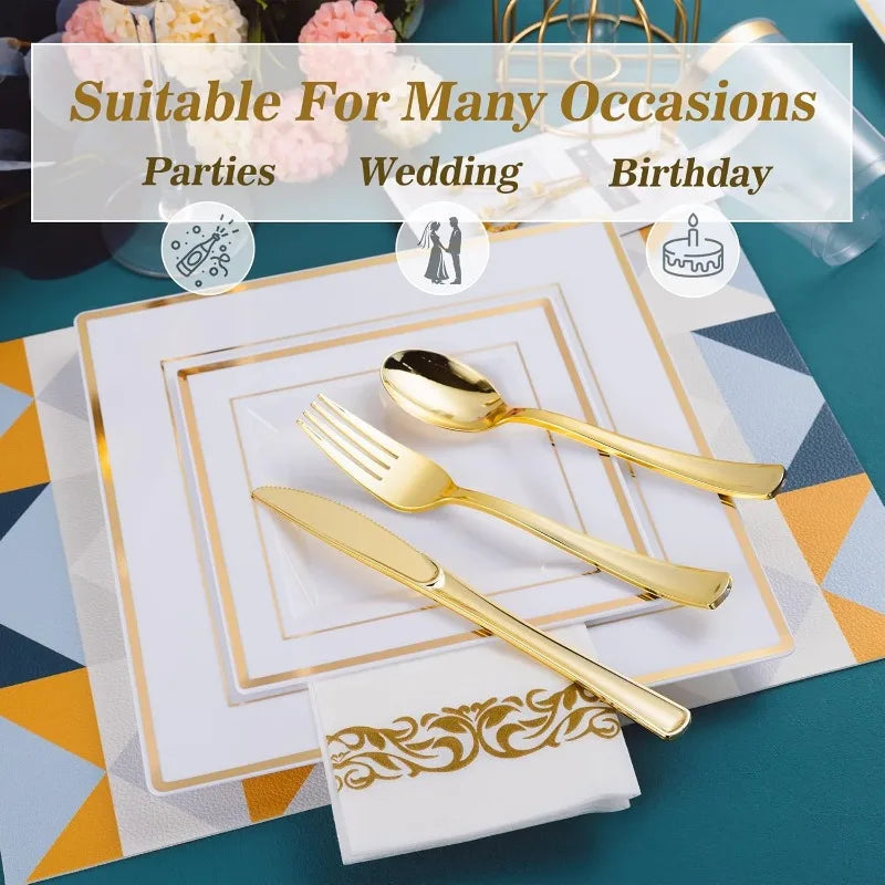 50-Guest Gold Dinnerware Set – 100 Square Plastic Plates with Gold Rim, Forks, Spoons, Knives, Cups & Napkins