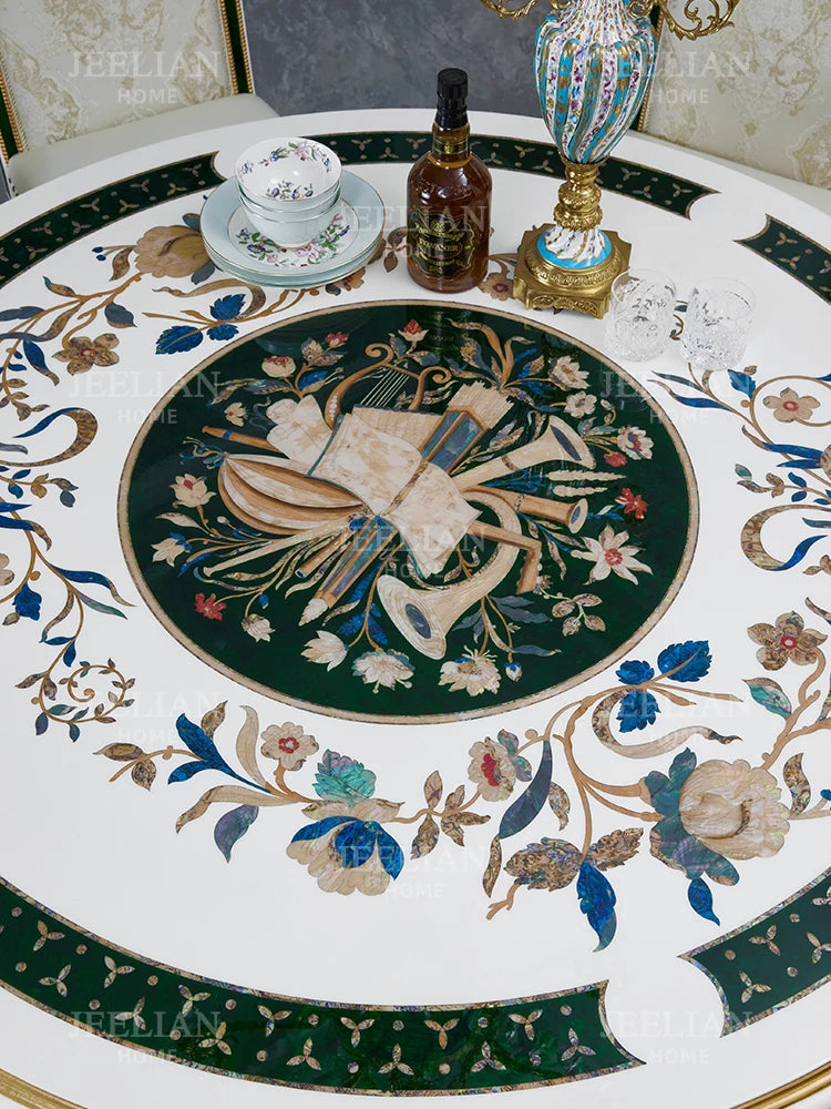 French-Style High-End Shell Mosaic Solid Wood Dining Table and Chair 1.38 M Household round Dining Table Home Furniture