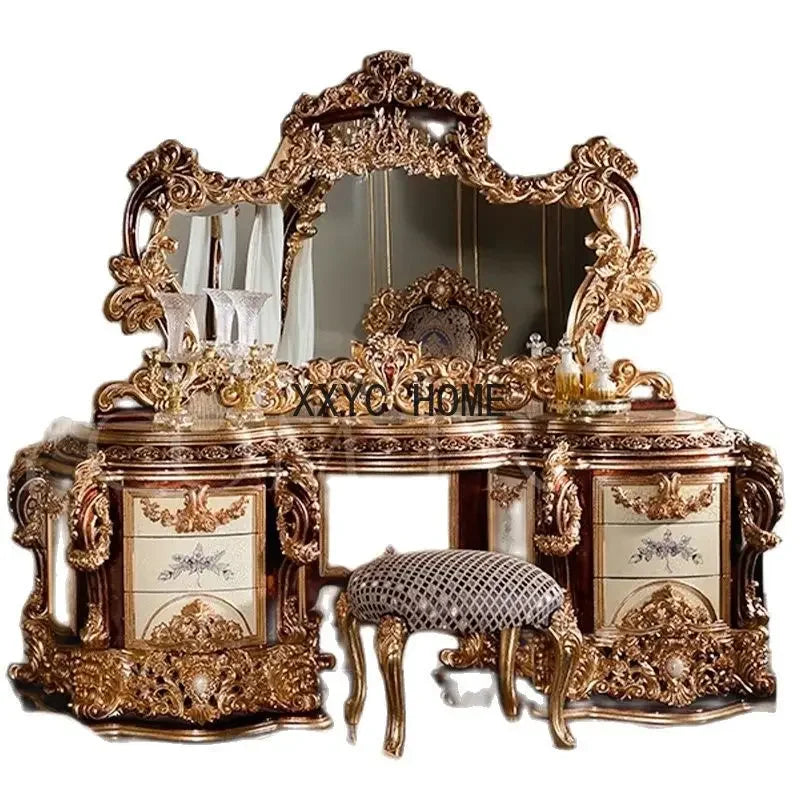 European style solid wood carving vanity French court golden makeup table villa vanity mirror table furniture