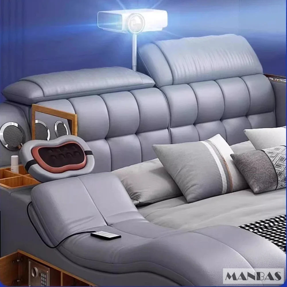 Genuine Leather Tech Smart Multifunctional Bed with Massage, USB, and Projector.