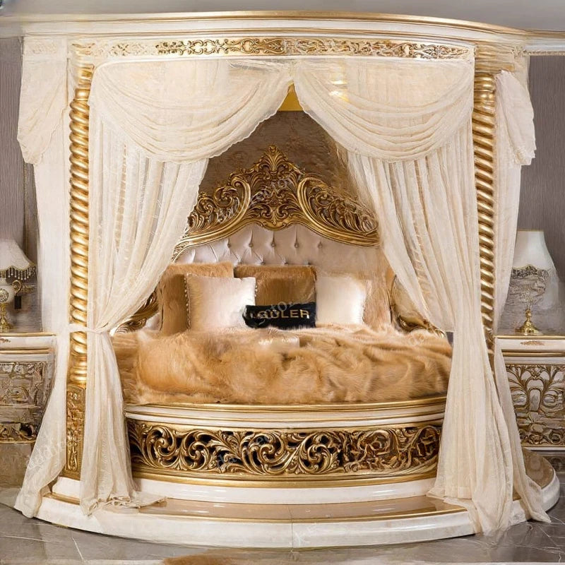 European-Style Solid Wood Round Bed – French Luxury Carved, Princess Double Marriage Bed