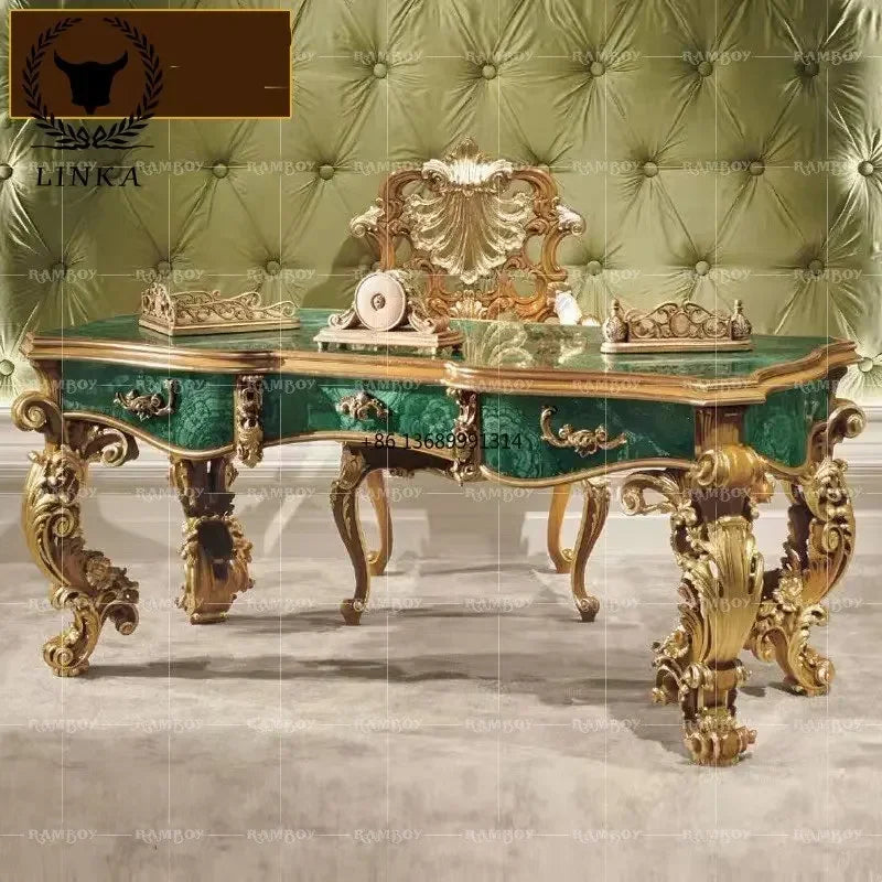 European-style solid wood gold foil  Italy luxury carved computer home desk green desk