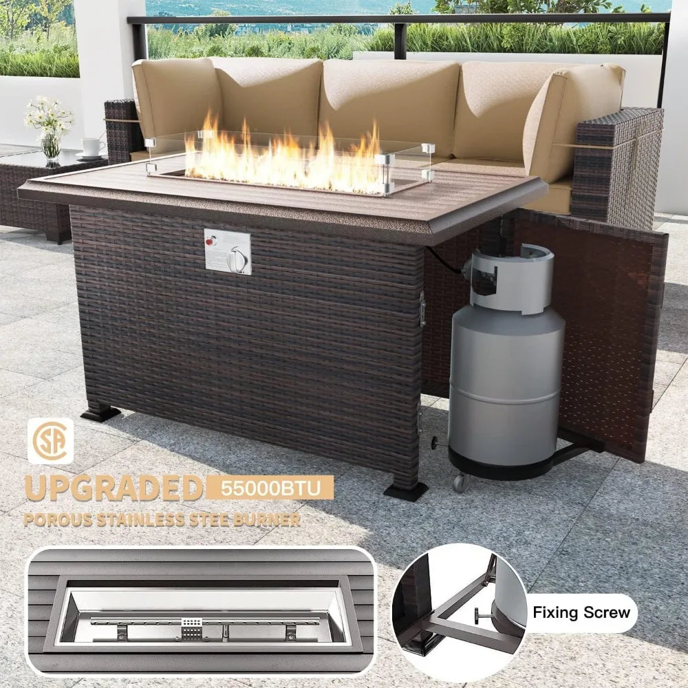43" Gas Propane Fire Pit Table with PE Wicker Rattan Sectional Sofa. 55000 BTU.