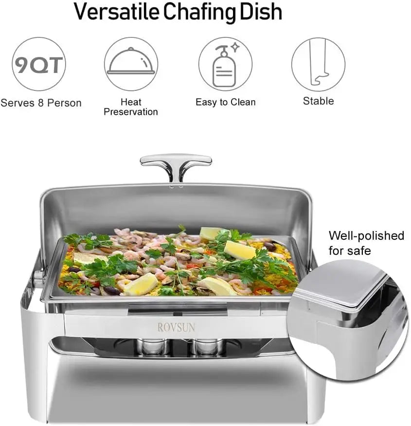 ROVSUN 3-Pack Roll Top Chafing Dish Buffet Set,9 Quart Full Size Pan Chafer, NSF Stainless Steel Rectangular Setfor Wedding