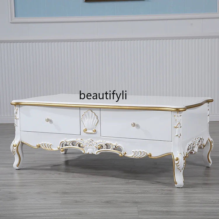 European Coffee Table – Solid Wood Sofa Side Table with Drawer