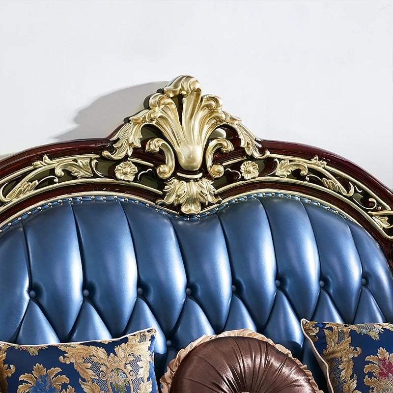 European Leather U-Shaped Sofa - Red Sandalwood, Carved Solid Wood, American-French Style