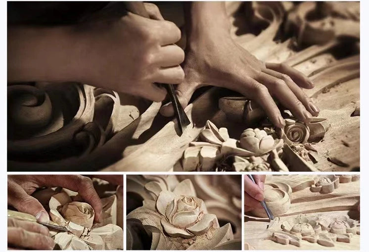 European Golden Solid Wood Hand-Carved Canopy Bed - King Size Luxury Bedroom Furniture.