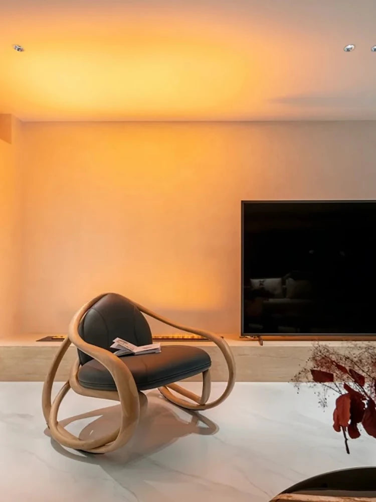 Designer rocking chair: a solid wood leather leisure chair