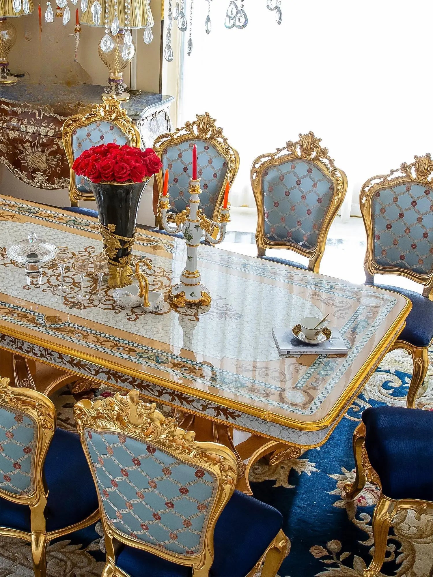 Luxury French long dining table European luxury villa restaurant solid wood carved dining table, dining table