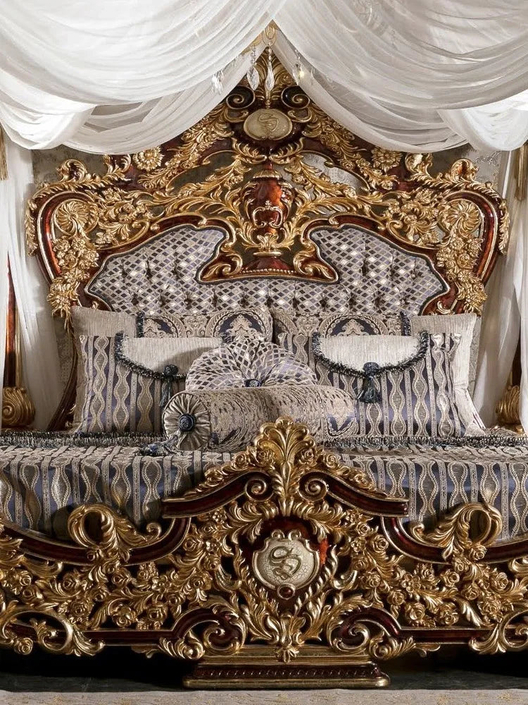 Wood Carved Palace Luxury Canopy Bed Villa Princess Bed