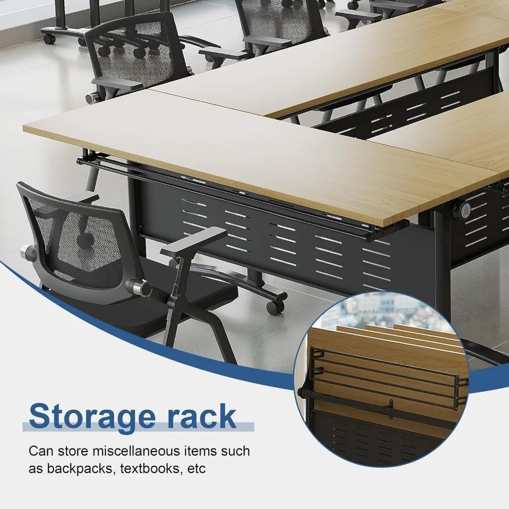 6-Pack Conference Tables for 12-16 People, Modern Flip-Top Training Room Tables with Wheels, Space-Saving Rectangle Design