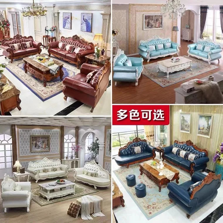 Luxury Ivory White Leather Sofa Set with Oak Carving