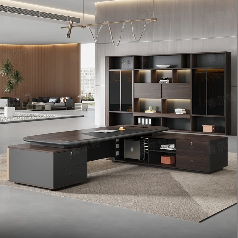 Minimalist executive office desk with shelves extender