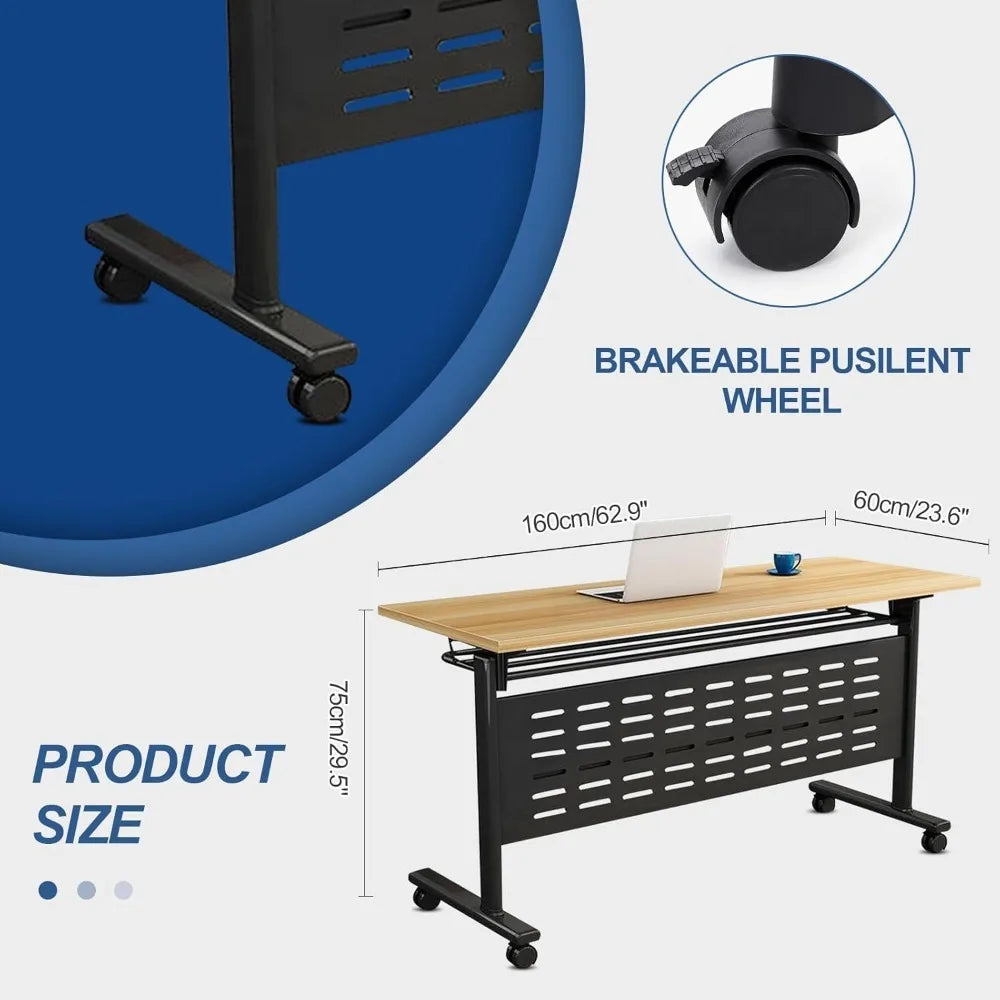 6-Pack Conference Tables for 12-16 People, Modern Flip-Top Training Room Tables with Wheels, Space-Saving Rectangle Design