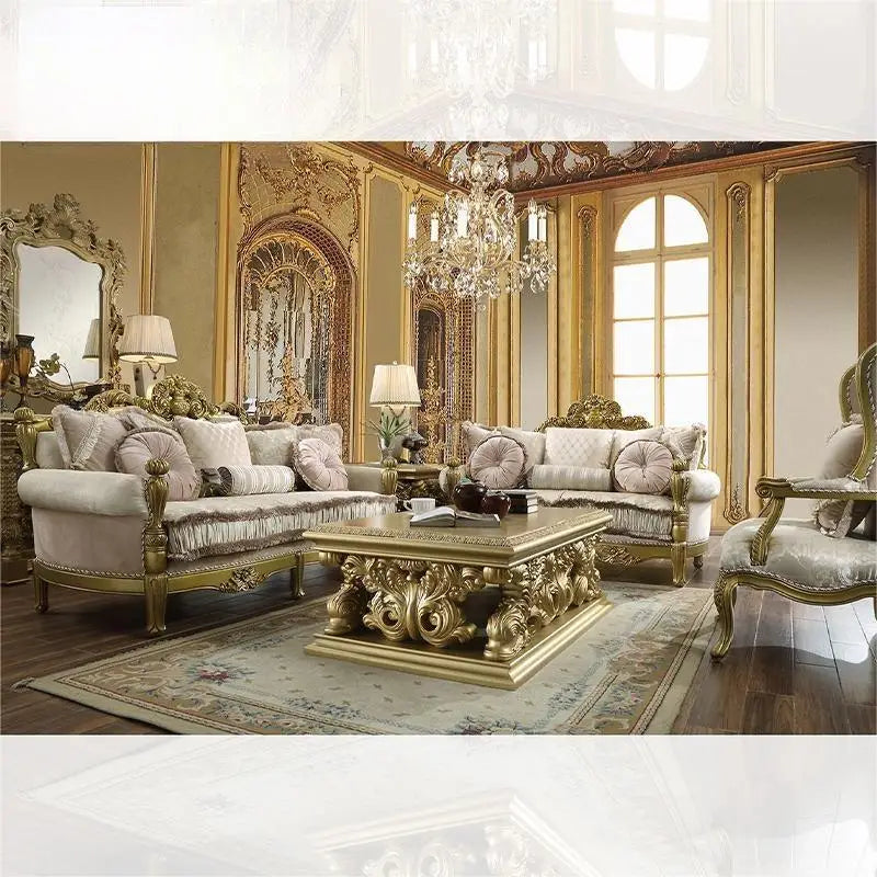 European style large living room sofa villa carved all solid wood sofa coffee table combination