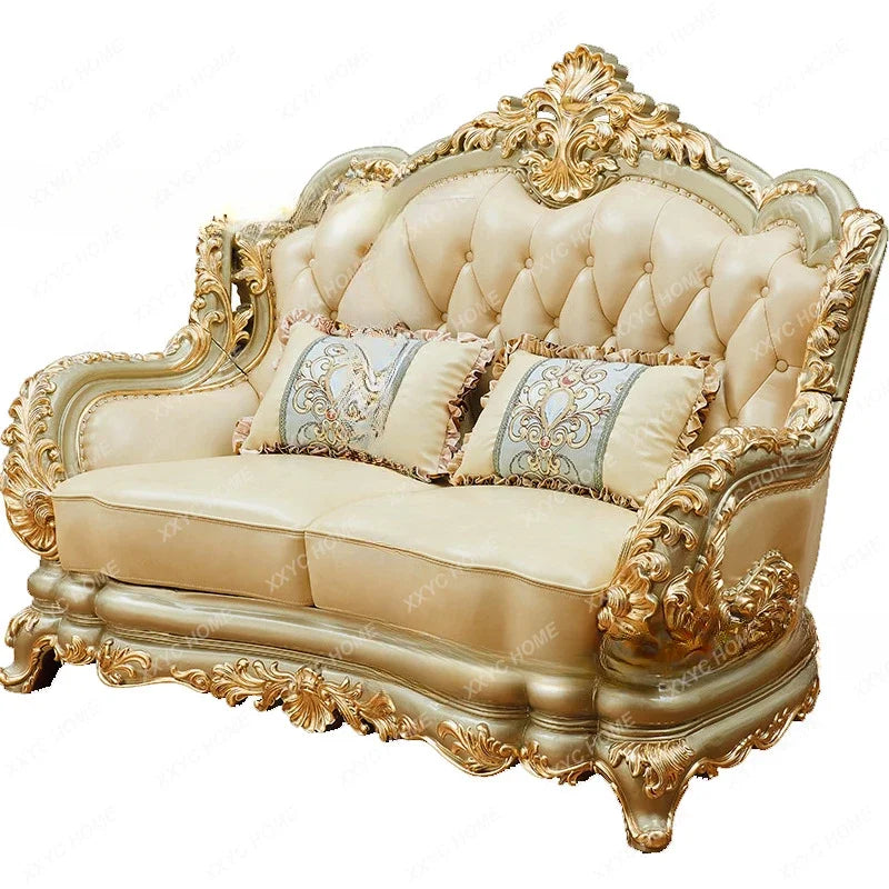 Furniture Leather Sofa Combination Living Room Double-Sided Solid Wood Carved Villa High-End Sofa