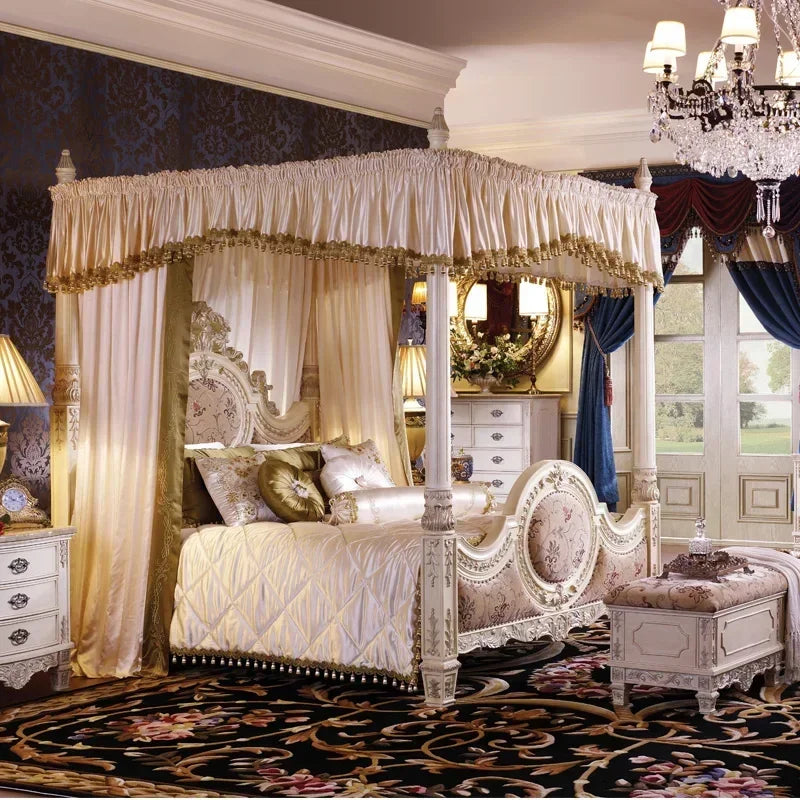 Custom European double bed in French solid wood, featuring intricate carvings