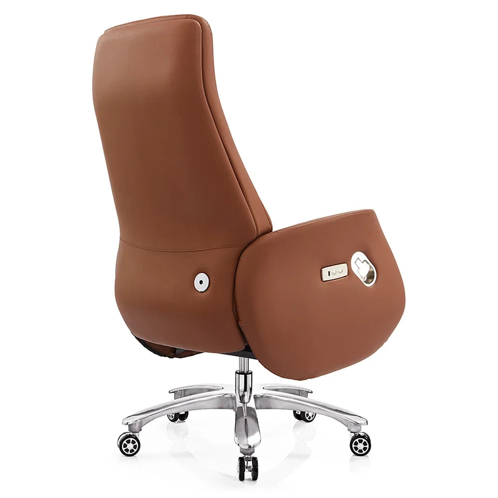 Luxury Electric Reclining Leather Boss Office Chair with Wooden Base.