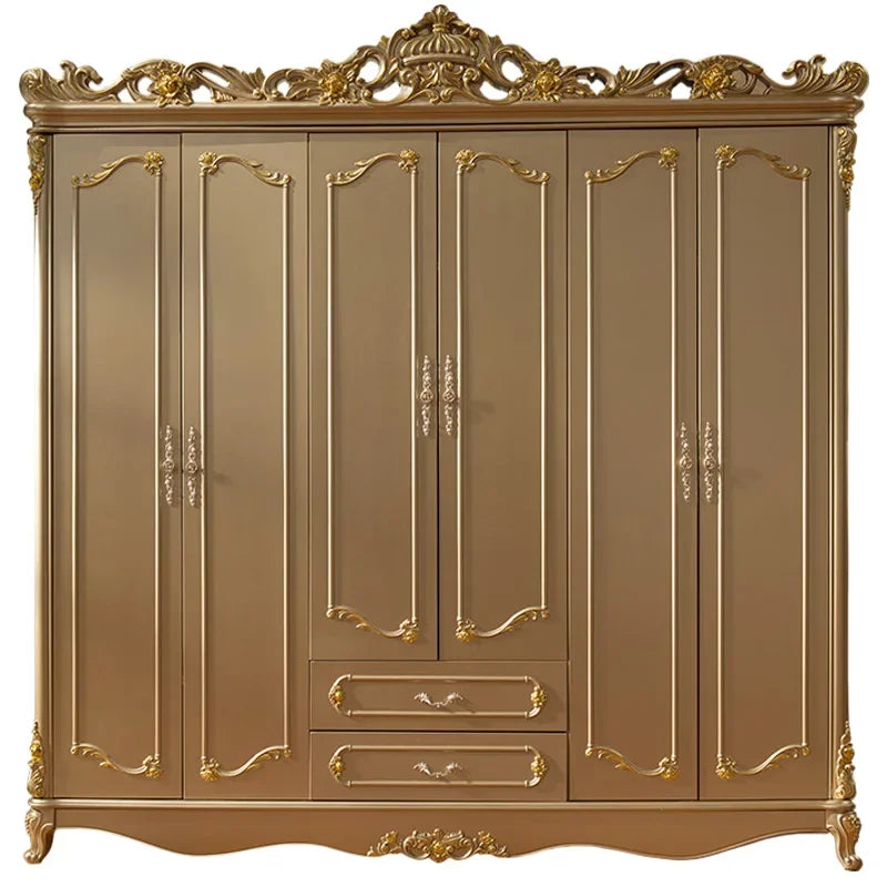 European-Style Solid Wood Wardrobe – Six Doors, Champagne Gold, Carved Luxury, Assembly Required