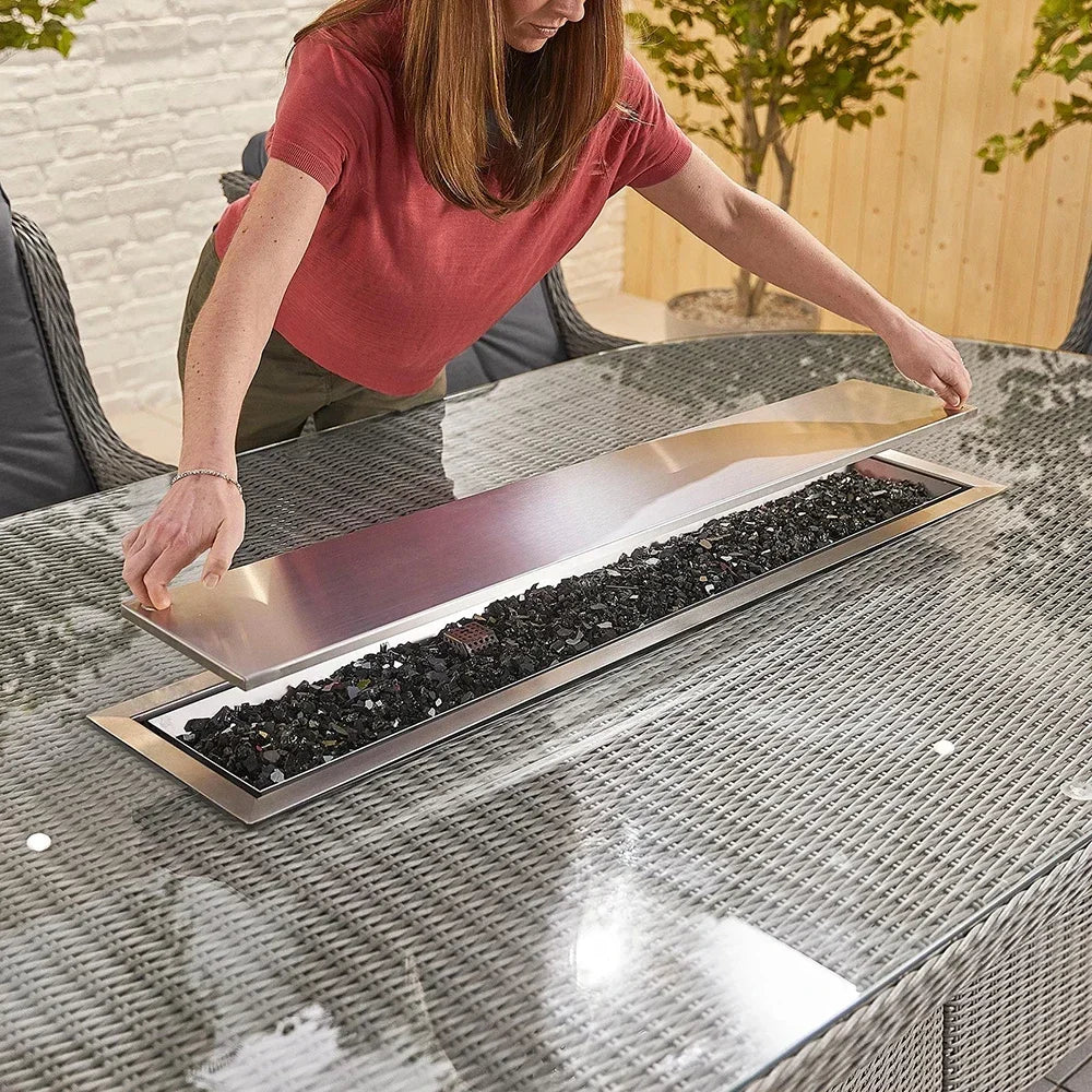 Custom 8-Seat Outdoor Rattan Dining Set with Rectangular Fire Pit Table.