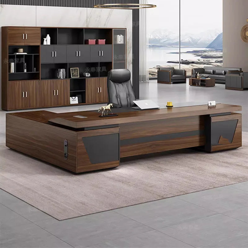 White Corner Office Desk: Executive Workbench with Study Drawers and Storage