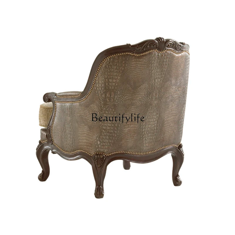 Pure Beautiful Golden Distressed Solid Wood Sofa Chair Villa European-Style Carved Crocodile Pattern Living Room Wingback Chair