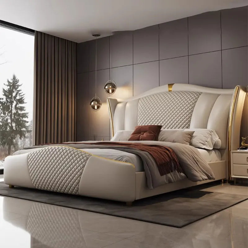 High-End European Queen Double Bed – Wood King Size Frame with Stylish Headboard