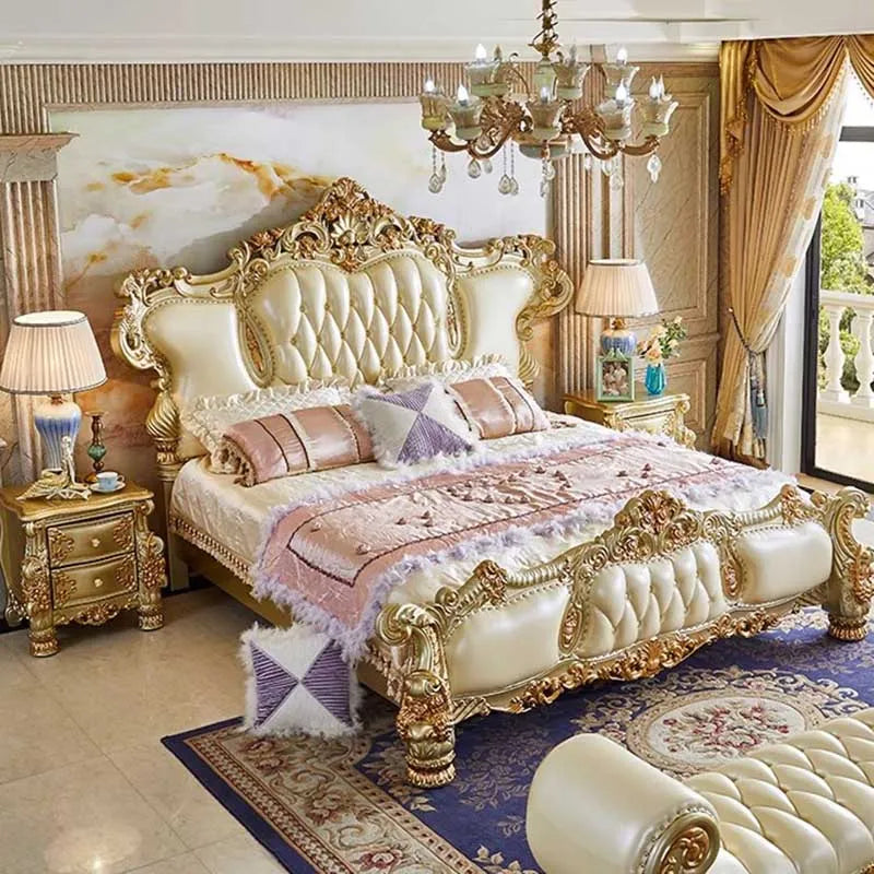 King Size Wood Bed Frame Elegant Tall Headboard Nightstands Queen Bed Frame Luxury Bedroom Cama Moderno Lujo Home Furniture