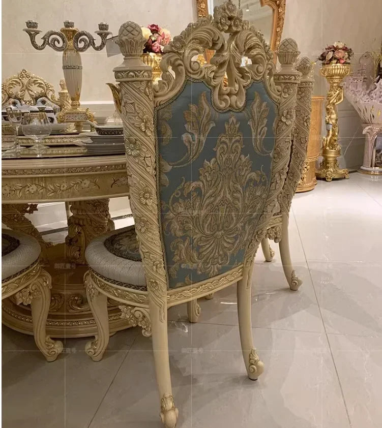 Luxury European round table dining chair neoclassical solid wood carved dining table and chair combination