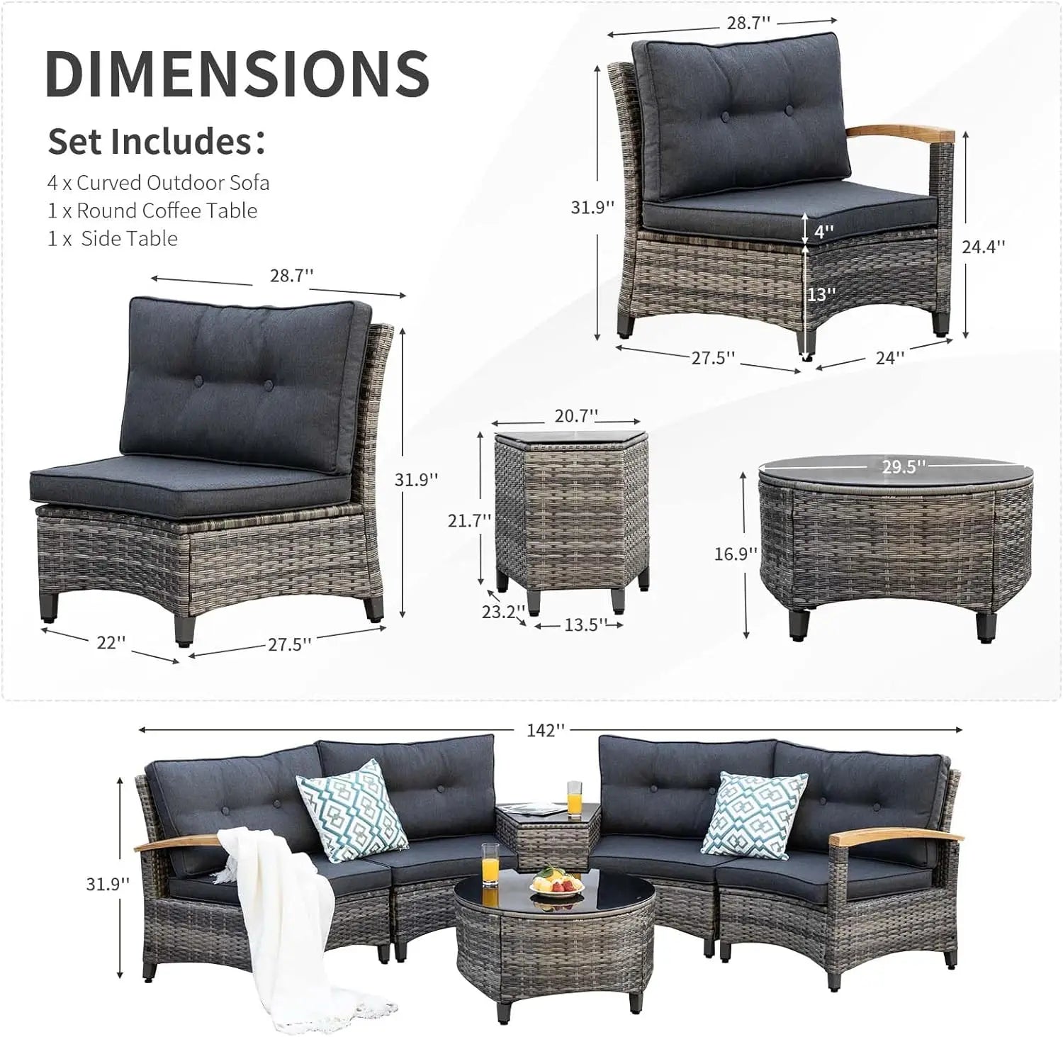 9-Piece Outdoor Patio Furniture Set: Half-Moon Curved Rattan Sectional Sofa with Wood Armrests for Stylish Conversation.