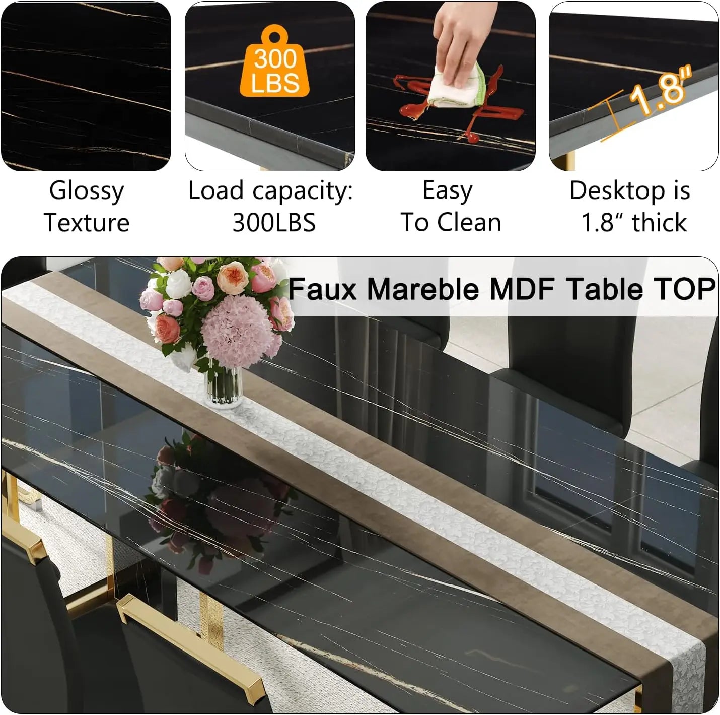 Luxury Dining Table Set with 1.8-inch Thick Faux Marble Table Top&8 Pu Leather Upholstered Chairs Ideal for Dining kicken Room