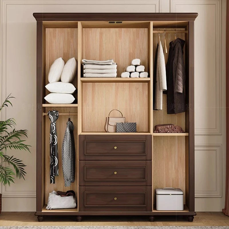 American Retro Large Wood Wardrobe – Black Walnut, 4 Doors, Open Closet