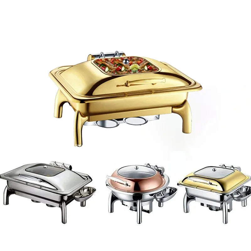 Commercial Chafing Dish – Rectangular Golden Buffet Food Warmer for Catering and Restaurant Equipment.