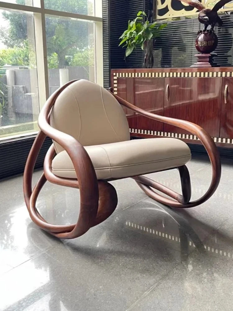Designer rocking chair: a solid wood leather leisure chair