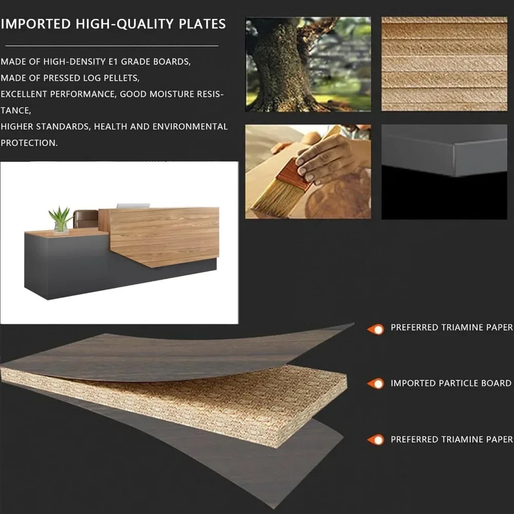 Modern lockable wooden reception desk with counter and drawers, ideal for retail and office use